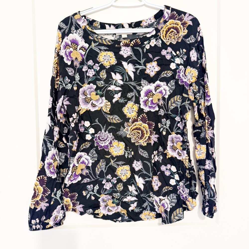 LOFT Outlet Womens Black Floral Long Sleeve Blouse Size M 100% Rayon